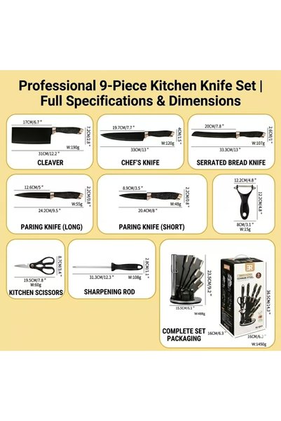 Klyte 9-Piece Kitchen Knife Set with Storage Block, Scissors, Peeler & Sharpener, Ultra-Sharp Chef Knives for Meat & Vegetable Prep, Ergonomic Handle Cooking Cutlery Set for Home Kitchens & Chefs
