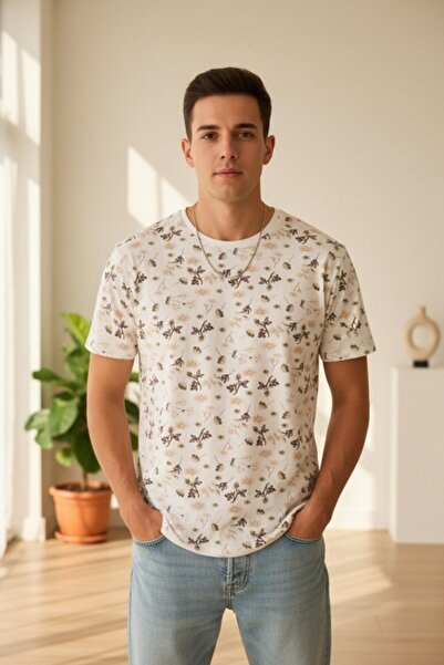 OEM Tricou bărbătesc din bumbac cu imprimeu floral, mâneci scurte, guler rotu...