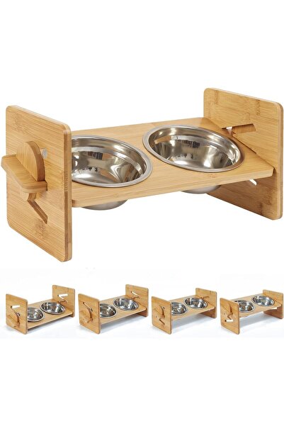 WISFOR Double and elevated food bowl made of bamboo and stainless steel, 15-d...