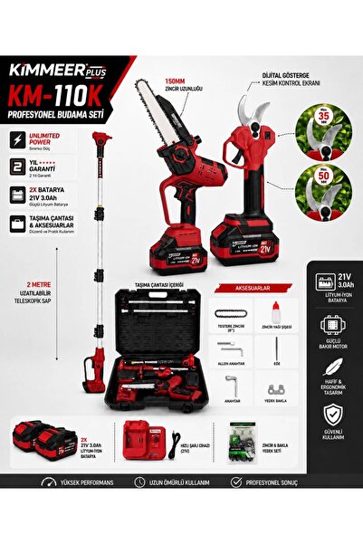 KİMMEER PLUS Pro Seri 21V Çift Akülü Çelik Şanzıman Dal Budama Makası 50mm & ...