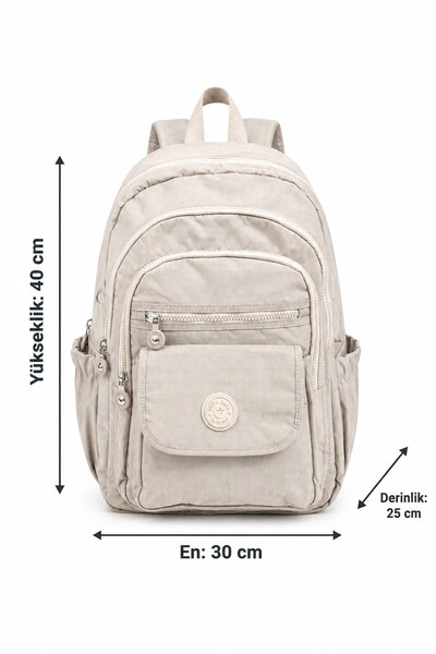 Paul Brand Unisex Velora Günlük Kullanıma Uygun Çok Bölmeli Geniş Hacimli Krinkıl Kumaş Krem Sırt Çantası Okul Boy