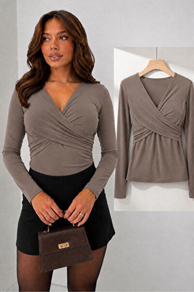 peri tower Women's Cross Front Detail V-Neck Sandy Fabric Long Sleeve Blouse 02