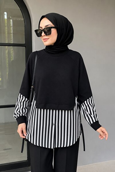 Wise&Go Store Siyah Çizgili Gömlek Detaylı Sweat Tunik