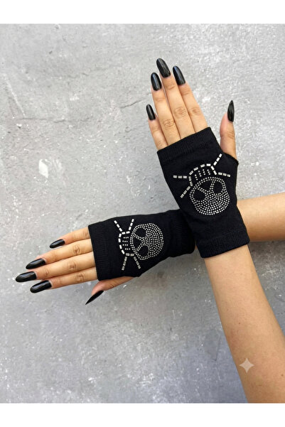 EymenSocks Kadın Siyah Taşlı Parmaksız Eldiven Y2K Gothic Kesik Parmak Örme E...