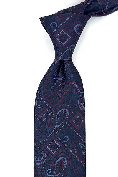 Kravatkolik Navy Blue Shawl Patterned Classic Tie with Handkerchief Kk13908