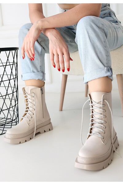 ALFA AKSESUAR 03 Orge Beige Leather Laced Boots