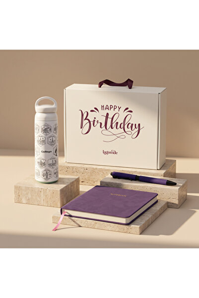 Collego Avrupa Seyahat Termosu - Kadın Serisi- Kişiselleştirilebilir Mor defter - Mor Metal Tükenmez Kalem - Happy Birtday Hediye Kutusu