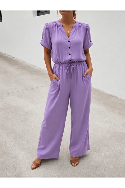 Feylace Women's Short Sleeve V-Neck Woven Viscose Jumpsuit with Pockets