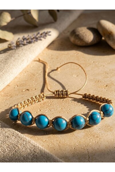 Meneva Aksesuar Special Design Handmade Turquoise Natural Stone Macrame Bracelet