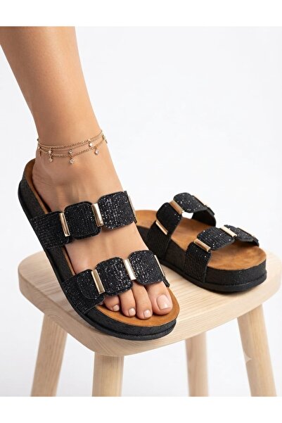 McDark Women's High Sole Stone Detailed Cork Sole Silvery Slippers-Black