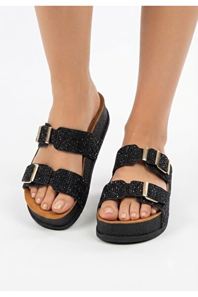 McDark Women's High Sole Stone Detailed Cork Sole Silvery Slippers-Black
