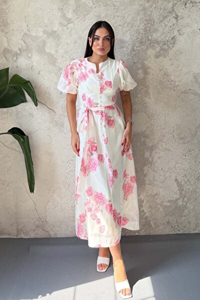 Elbee Fashion Woman فستان وردي بأكمام منتفخة