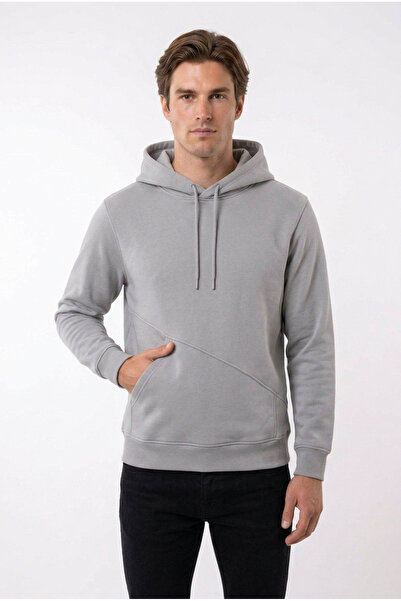ELAFRO Men's Light Gray Hooded Sweatshirt with Side Pockets and 3-Thread Flee...
