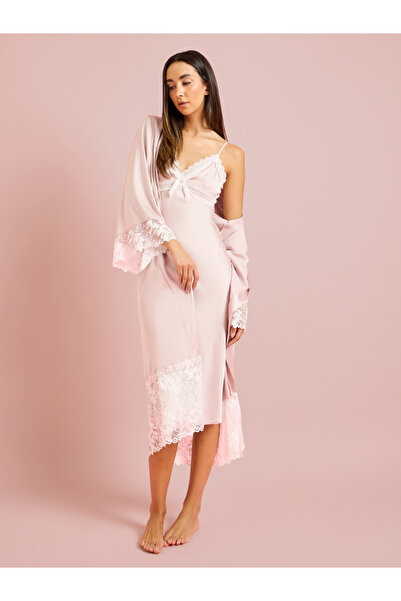 Styli Satin Lace Trim Strappy Slip Dress with Robe Set