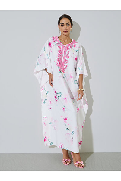 Styli Multi-Color Floral Print Embroidered Neckline Kaftan