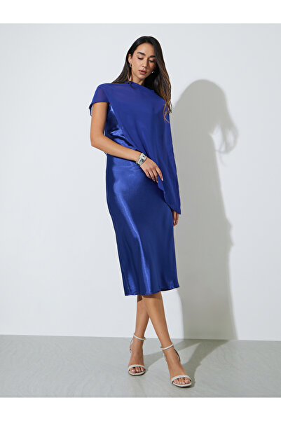 Styli Blue Satin Slip Midi Dress with Cape Overlay
