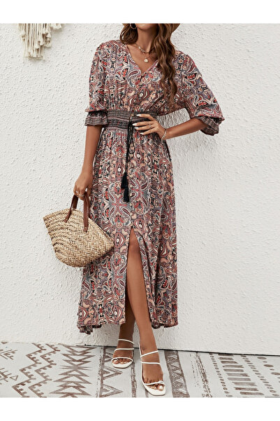 Take Two By Styli Brown All Over Paisley Print Maxi Dress