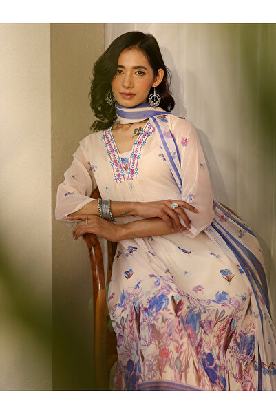 Libas By Styli Off White Printed Chiffon A-Line Kurta, Trousers and Dupatta Set