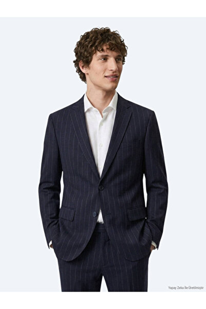 Kip Navy Blue Striped Regular Fit Silk Blend Suit