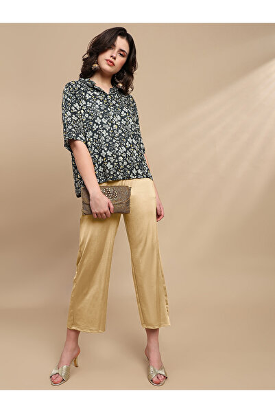 De Moza By Styli Gold Solid Crop Length Pants