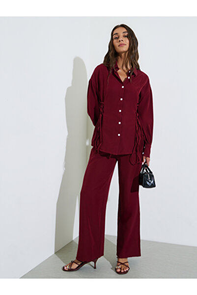 Styli Burgundy Solid Long Sleeves Shirt and Pants Co-Ords