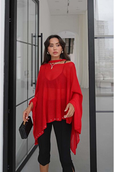 Havoş Red Stone Knitwear Cape Blouse