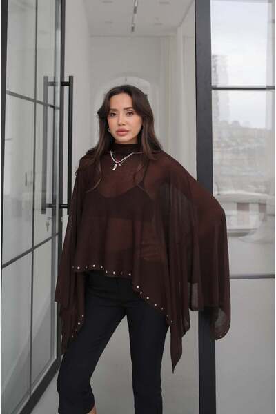 Havoş Brown Stone Knitwear Cape Blouse