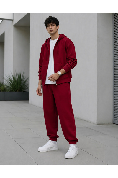 BayBayan Men's 3-Yarn Oversize Hooded Zipper Sweatshirt Cardigan Track Suit Set