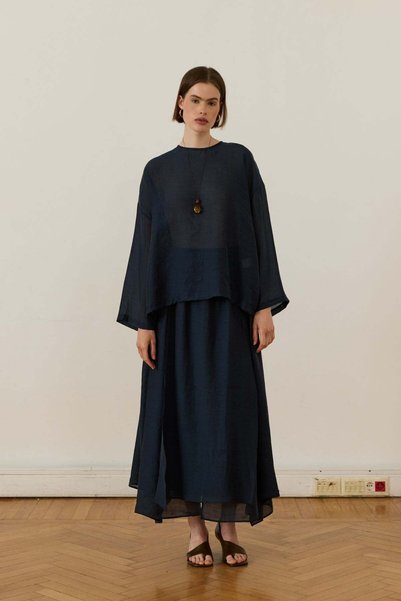 Moca Giada Asymmetrical Piece Skirt Suit Navy Blue