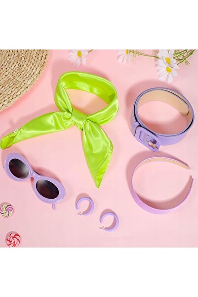 NO BRAND Costum hippie pentru femei, bentiță mov, eșarfă verde, ochelari, cercei
