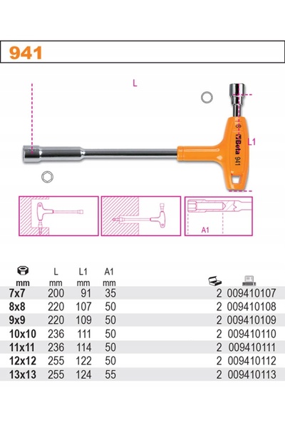 NO BRAND Beta 941 Cheie tubulară hexagonală unghiulară cu mâner în T 9mm 941/9