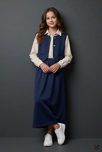 Cansın Mini Navy Blue Girl's Zero Sleeve Vest Shirt Collar Dress Set 24751