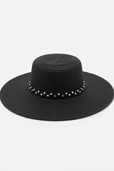 Mollycrush Women's Gift Straw Black Hat |   Wide Brimmed Riveted Bohemian Design