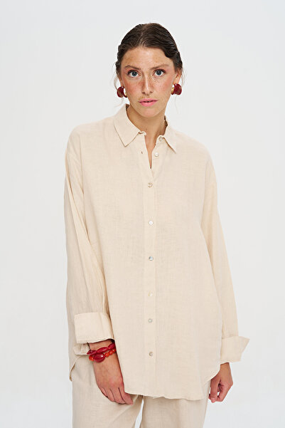 Orfeo Negro Women's Draped Relaxed Fit 100% Linen Shirt