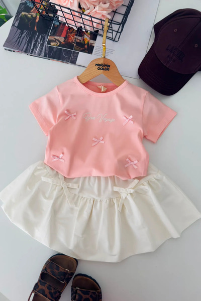 Minigimin Cicileri Bon Voyage Bowknot Detailed Girls' Balloon Skirt Set - Pink