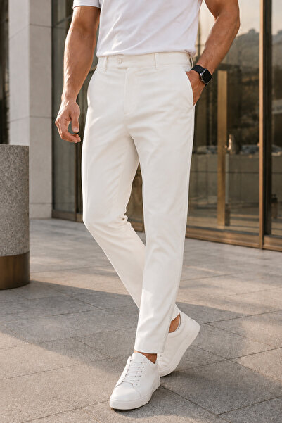 MODAMESTO Men's Off-White Slim Fit Lycra Side Pocket Ankle Length Plain Fabri...