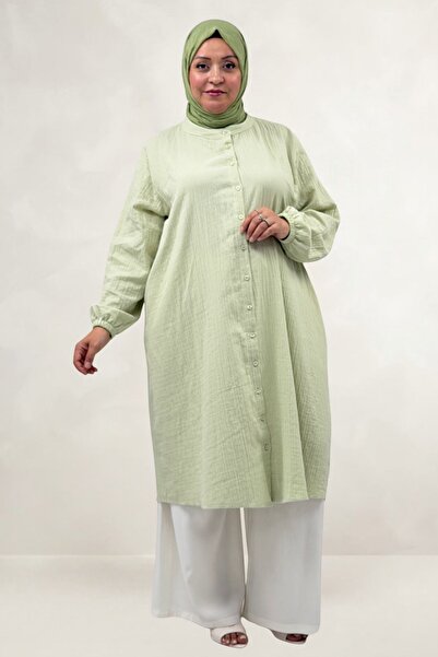 Eslina 68070 Plus Size High-Neck Buttoned Muslin Tunic - Water Green