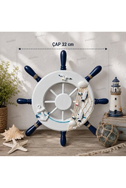 WoodBay El Yapımı Ahşap Gemi Dümeni Denizci Duvar Dekoru 32 cm Marin Duvar Sü...