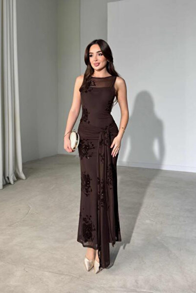 mielva Women's Brown Glittery Floral Embroidered Transparent Detailed Maxi Tu...