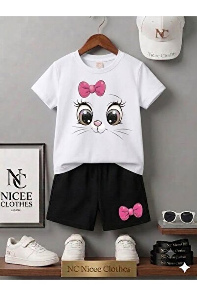 Leto Lykia Summer Children's T-Shirt Shorts Unisex (Pink Ribbon Cat Face Prin...