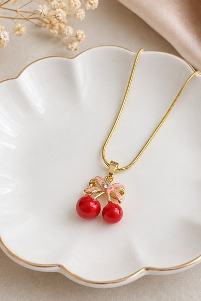 Lynare 316 L Stainless Steel Necklace with Cherry Figure and Bow Detail