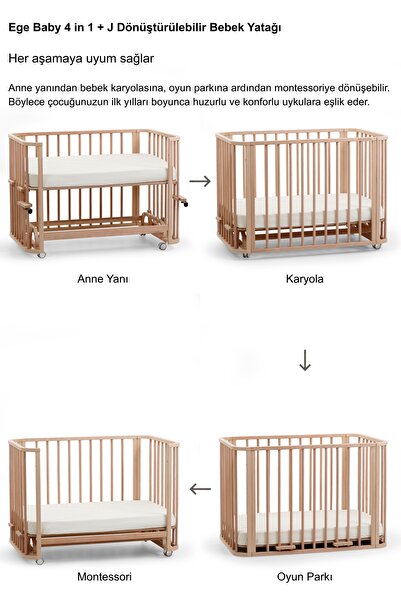 EGEBABY Doğal Ahşap 4in1 Beşik Takım 70 x 110 - Anne Yanı, Karyola, Oyun Parkı, Montessori + Junior Yatak - Beyaz Leaf