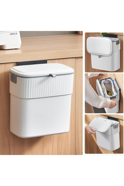 Generic Brand Poubelle suspendue 9l cu couvercle – alb – compacte pentru bucă...