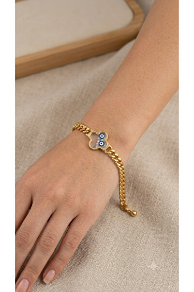 Bymiel Gold Color Clover Figured Detailed Steel Bracelet – Women's Thick Chai...