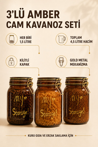 AC AMİSOS 3’lü 1,5 Litre Amber Cam Kilitli Kapaklı Saklama Kavanozu Seti