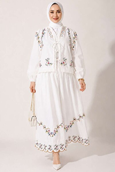 Lavanta Tekstil Floral Embroidered Linen Skirt Double Set