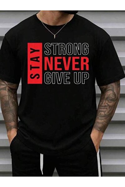 9JY تي شيرت رجالي بطباعة حروف سوداء وحمراء بعبارة "Stay Strong"، تصميم مضحك، ...