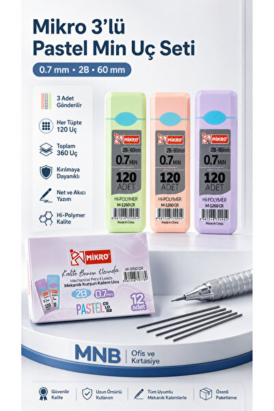 Mikro M-1260 0.7 mm Her Tüpte 120 Uç, Toplam 360 Adet 2B Versatil Kalem Ucu 3...