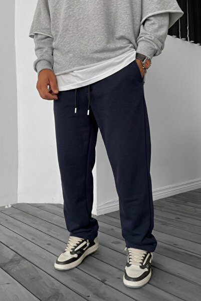 STRAVON Men's Navy Blue Relaxed Fit Wide Leg Elastic Waist Winter Sweatpants