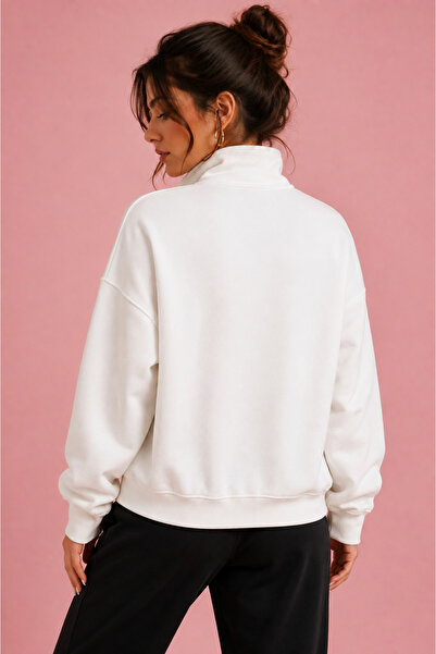 Jooy Leopar Fiyonk Baskılı Yarım Fermuarlı Dik Yaka Sweatshirt